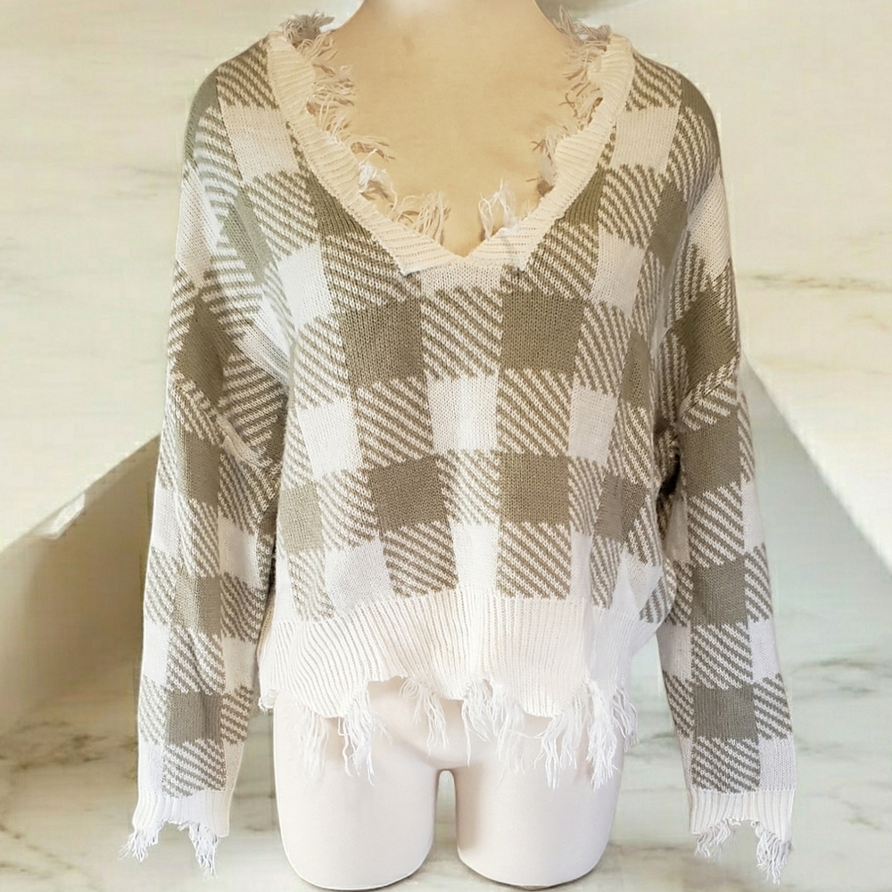 Just Polly NY Sweater M Womens Green Y2K Cropped  Fringe Boho Chunky Pullover